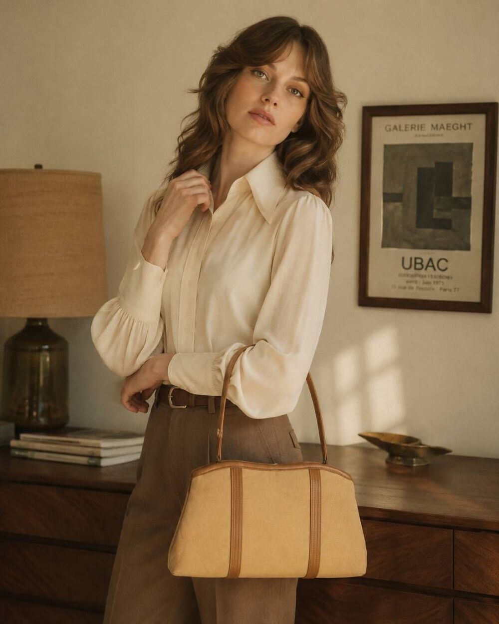 Vintage 70's Tan Canvas Convertible Shoulder Bag Clutch Metal Frame Retro Purse